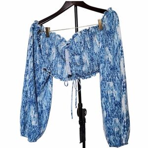 Vici Blue White Smocked Off-Shoulder Crop Top - NWOT - Size L